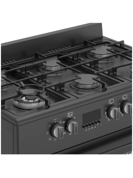 Wiggo WOE969BBB zwart 6-pits gasfornuis van 90 cm met wokbrander, digitale timer en ruime elektrische oven.