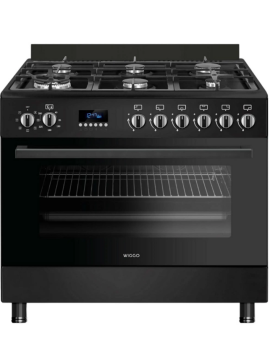 Wiggo WOE969BBB zwart 6-pits gasfornuis van 90 cm met wokbrander, digitale timer en ruime elektrische oven.
