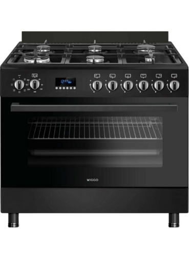 Wiggo WOE969BBB zwart 6-pits gasfornuis van 90 cm met wokbrander, digitale timer en ruime elektrische oven.